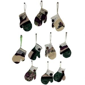 Handmade Upcycled Quilt Mitten Ornaments • Vintage Lace & Buttons • Set of 10‎